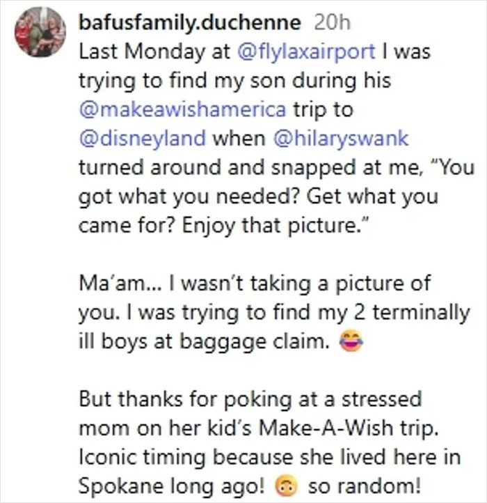 Social media post detailing Hilary Swank apologizing after berating mom of terminally ill kids at airport.