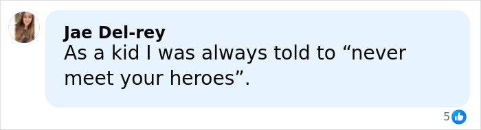 Comment from Jae Del-rey reflecting on childhood advice about meeting heroes, related to Hilary Swank apologizes story.