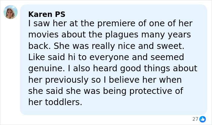 Alt text: Screenshot of a Facebook comment defending a mother of terminally ill kids amid controversy involving Hilary Swank.