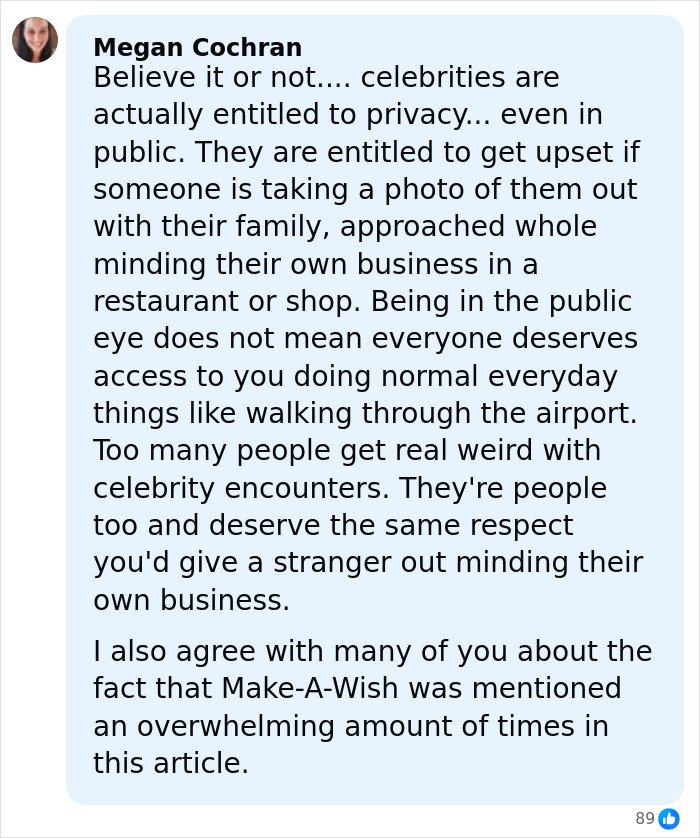 Commenter Megan Cochran discusses celebrity privacy and respect, touching on Hilary Swank's apology involving a mom of terminally ill kids.
