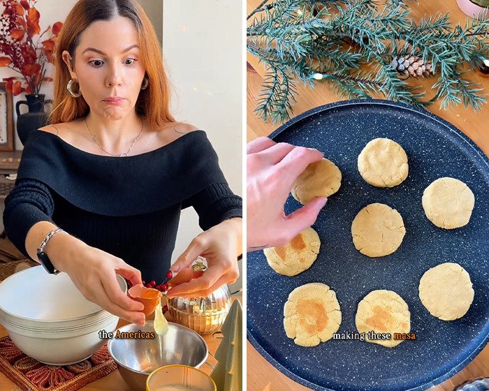 Woman preparing masa dough on a black pan with pine branches nearby, relating to decolonized Christmas traditions.
