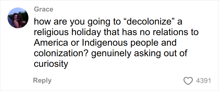 Social media user hilariously trolled over her attempt to decolonize Christmas in an online comment thread.