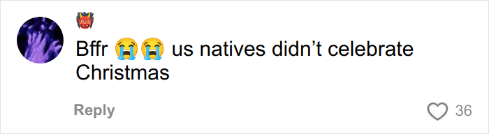Screenshot of a social media comment humorously trolling a woke user about her decolonized Christmas celebration.