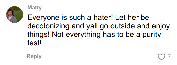 Comment from social media user Matty defending decolonized Christmas amid online trolling and backlash.
