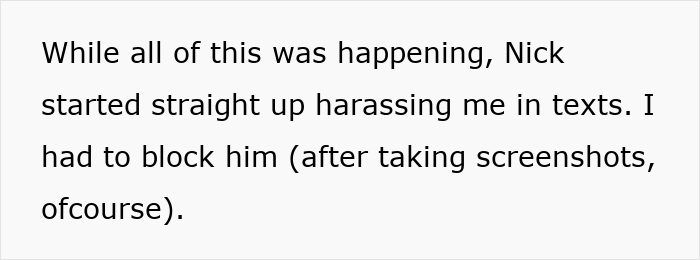 Screenshot of a text message describing harassment from a boss leading to blocking the sender to avoid termination threats.