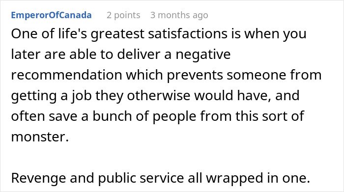 Screenshot of a Reddit comment discussing satisfaction from giving a negative job recommendation to a problematic boss.