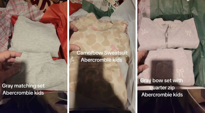 Christmas gift haul featuring Abercrombie kids gray matching sets and camo bow sweatsuits for daughter.