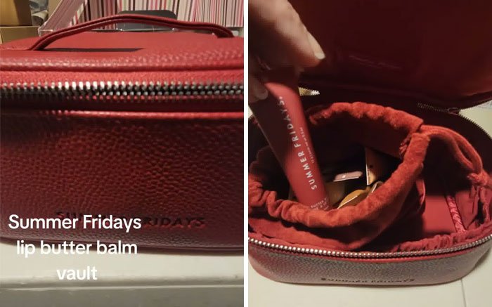 Red Summer Fridays lip butter balm vault shown open and closed as part of Christmas gift haul for daughter backlash.