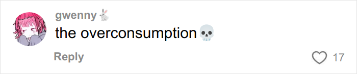 Comment on social media reading the overconsumption with a skull emoji, related to Christmas gift haul for daughter backlash.