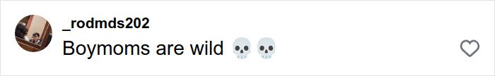 Comment on social media stating Boymoms are wild with two skull emojis, related to mother-son photoshoot debate.