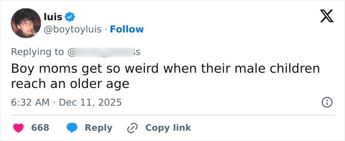 Screenshot of a tweet commenting on mother-son photoshoot, sparking debate about dating and parenting boundaries.