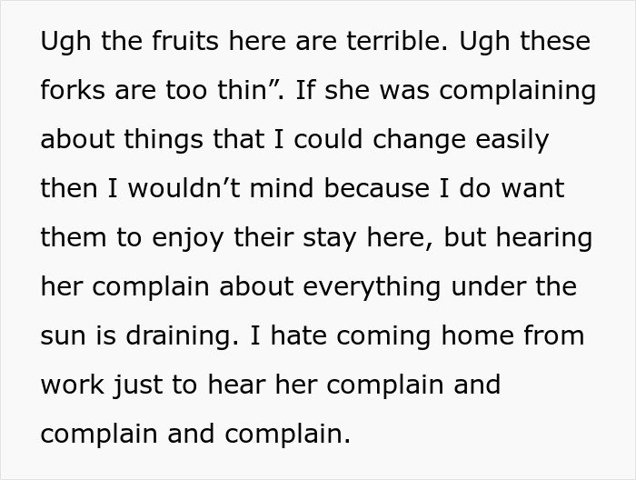Text excerpt showing a woman expressing frustration as brother&rsquo;s wife won&rsquo;t stop complaining during their family visit.