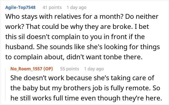 Conversation about woman welcoming brother&rsquo;s family for a month while his wife keeps complaining about the stay.