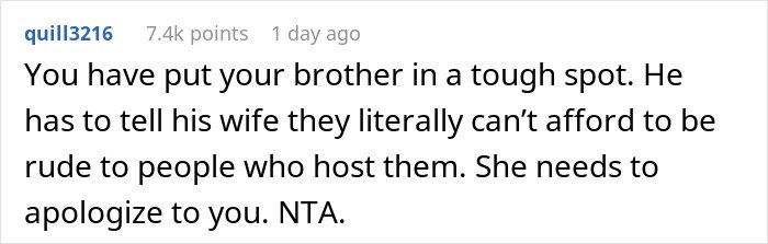 Comment discussing a woman welcoming brother&rsquo;s family for a month, highlighting the wife&rsquo;s constant complaining and needed apology.