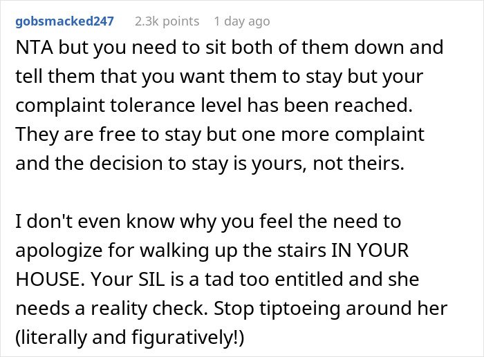Screenshot of a Reddit comment discussing a woman welcoming her brother&rsquo;s family and his wife&rsquo;s constant complaining.
