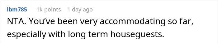 Comment discussing being accommodating to long term houseguests, related to woman welcoming brother&rsquo;s family.