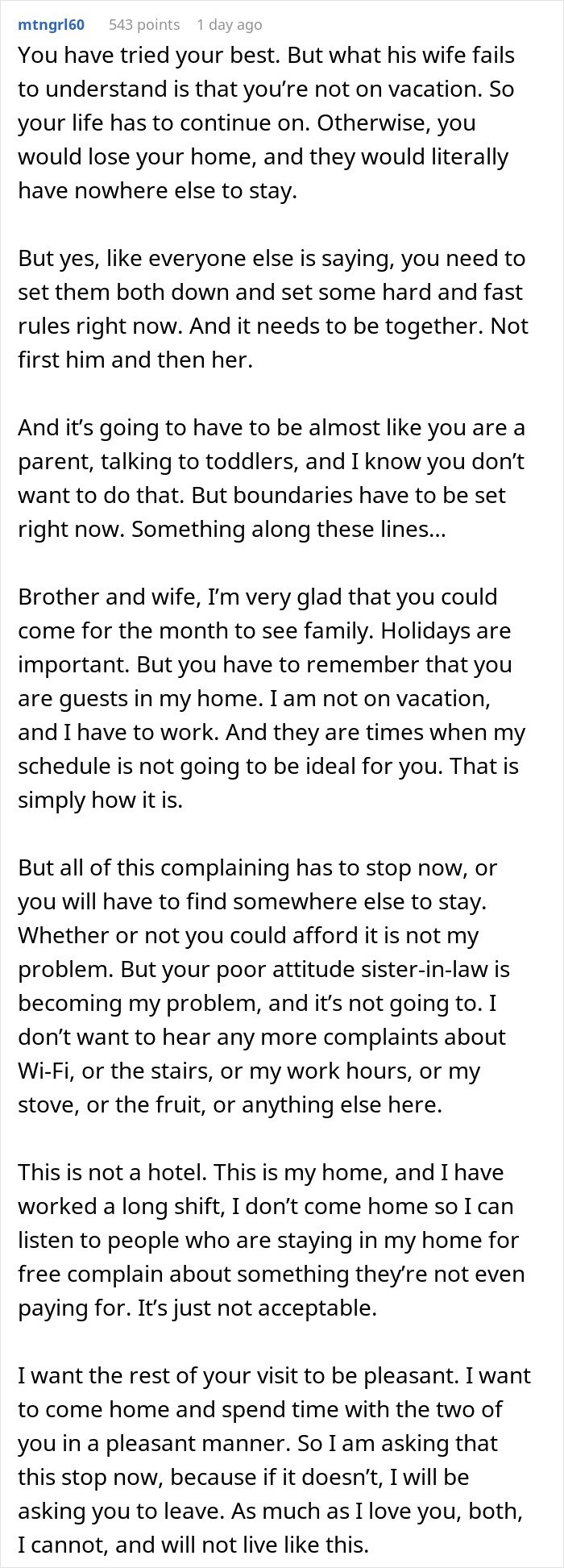 Woman welcomes brother&rsquo;s family for a month while his wife constantly complains about staying in her home.