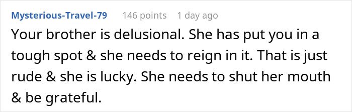 Comment on a forum discussing a woman welcoming brother&rsquo;s family for a month, addressing complaints from his wife.
