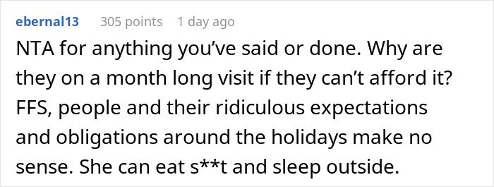 Comment by user ebernal13 criticizing brother&rsquo;s wife complaints during month-long family visit and holiday expectations.
