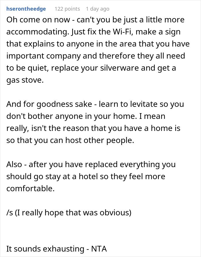 Comment discussing frustrations with hosting brother&rsquo;s family and dealing with his wife&rsquo;s complaints during visit.