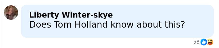 Screenshot of a social media comment asking if Tom Holland knows about Robert Pattinson and Zendaya’s viral engagement ad.