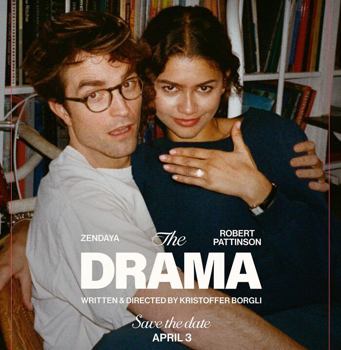 Robert Pattinson and Zendaya in viral engagement ad promoting The Drama, directed by Kristoffer Borgli, showing the ring on her finger.