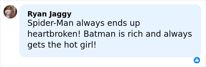 Comment from Ryan Jaggy about Spider-Man and Batman, posted on a social media platform discussing character relationships.