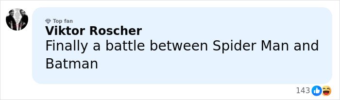 Comment by Viktor Roscher expressing excitement about a battle between Spider Man and Batman in a social media thread.