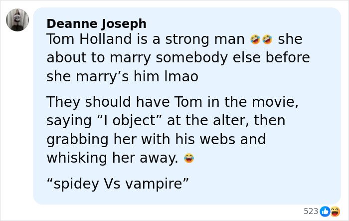 Comment discussing Tom Holland and joking about Robert Pattinson and Zendaya's viral engagement ad online.