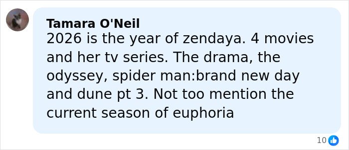 Comment from Tamara O’Neil discussing Zendaya’s 2026 projects including movies, TV series, and Spider-Man brand.