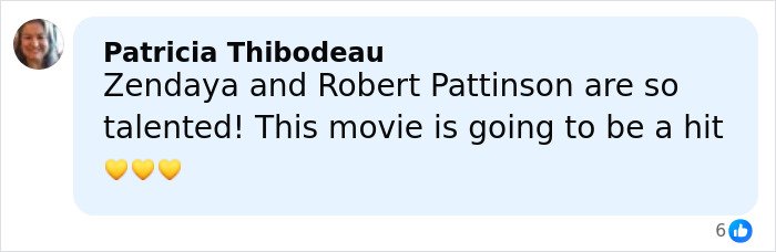 Fan comment praising Zendaya and Robert Pattinson's talent and predicting the movie will be a hit with heart emojis.