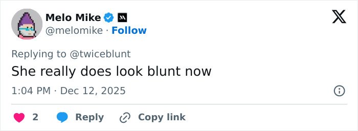 Tweet by Melo Mike commenting on Emily Blunt's appearance sparking plastic surgery rumors on social media.