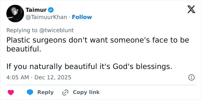 Tweet discussing plastic surgeons and natural beauty amid plastic surgery rumors sparked by Emily Blunt's podcast appearance.