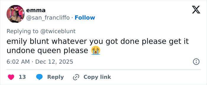 Tweet criticizing Emily Blunt sparks plastic surgery rumors following her recent podcast appearance.