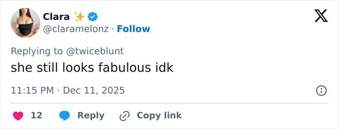 Tweet from user Clara complimenting Emily Blunt's appearance amid plastic surgery rumors after podcast.