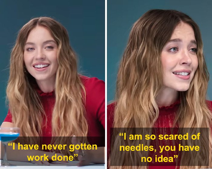 Sydney Sweeney with long wavy hair shown in side-by-side photos addressing natural beauty and cosmetic work claims.