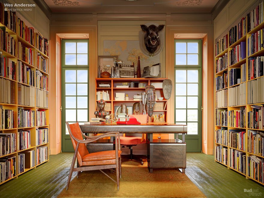 Home office design inspired by iconic movie directors with vintage decor, bookshelves, and eclectic art pieces.