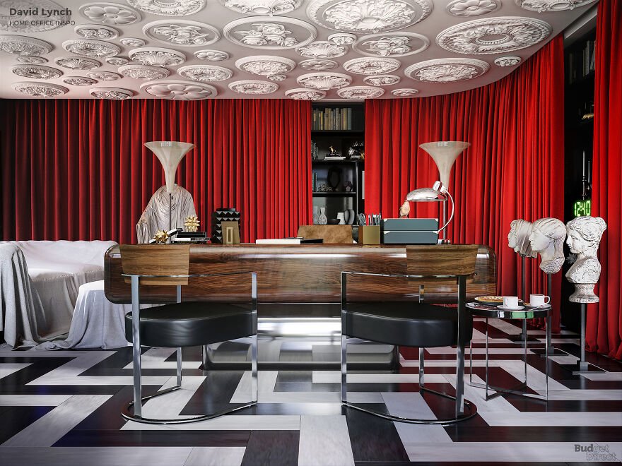 Home office design inspired by David L***h with bold red curtains, artistic busts, and black and white patterned flooring.