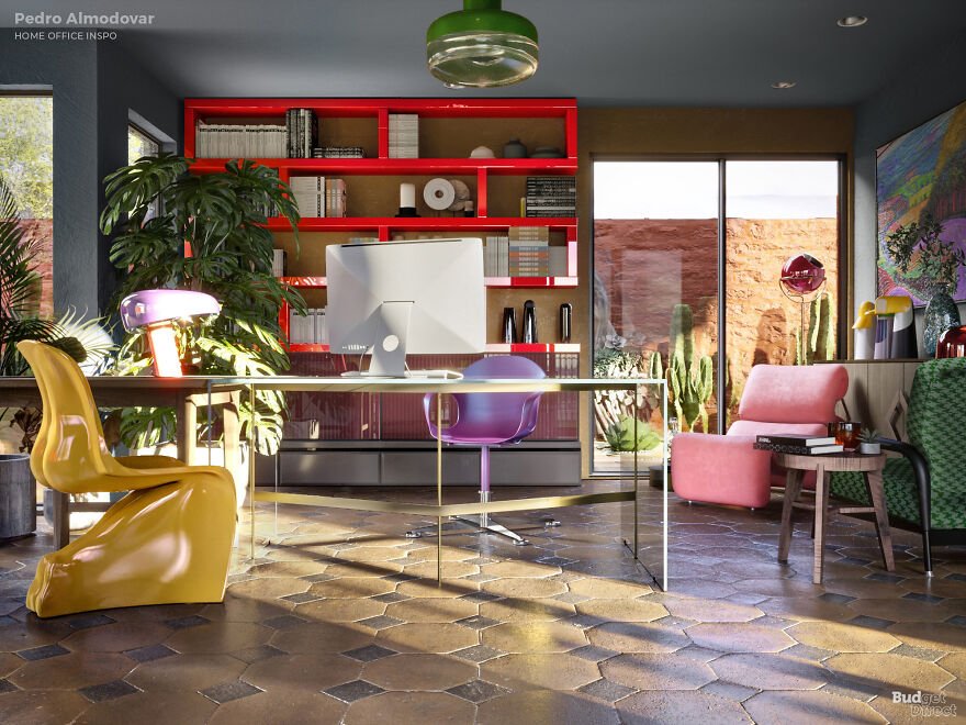 Colorful home office design inspired by iconic movie directors like Wes Anderson and David L***h with eclectic furniture and decor.