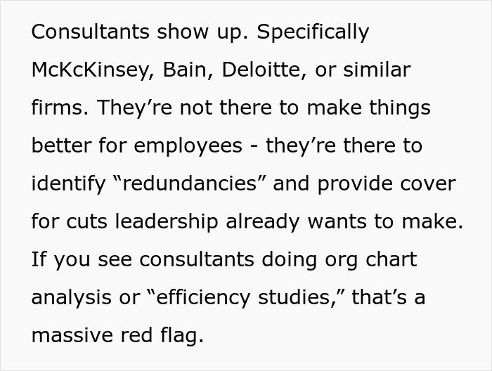 Consultants conducting efficiency studies and org chart analysis signal subtle red flags your job may not be safe.