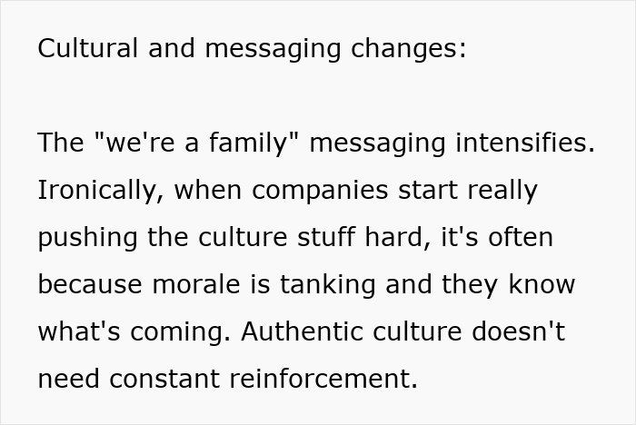 Text about subtle red flags in job security mentioning intensified company culture and declining morale.