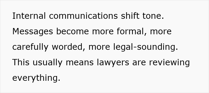 Text highlighting subtle red flags that signal job insecurity including formal, legal-sounding internal communications indicating lawyer reviews.
