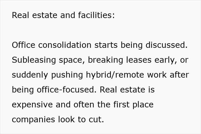 Text highlighting subtle red flags at work, including office consolidation and shifts to remote work indicating job insecurity.