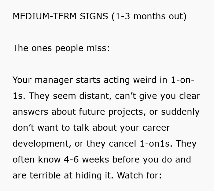 Medium-term signs your job is not safe include distant managers avoiding career talks and canceling one-on-ones.