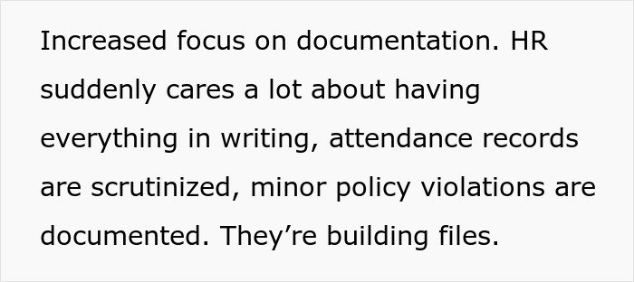 Text highlighting increased focus on documentation by HR as a subtle red flag that means job security is at risk.