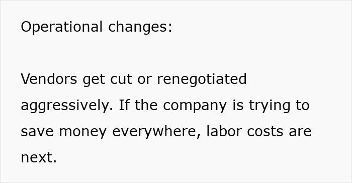 Text showing operational changes highlighting vendor cuts and aggressive renegotiations indicating job safety red flags.