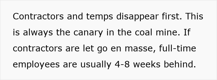 Text about contractors and temps disappearing first as subtle red flags indicating job insecurity in the workplace.