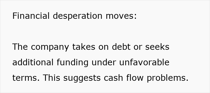 Text image showing a financial warning describing company debt and funding issues as subtle red flags for job safety.