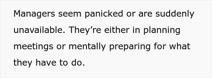 Text describing subtle red flags explaining job insecurity when managers appear panicked or unavailable.