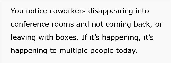 Text highlighting subtle red flags indicating job insecurity, like coworkers disappearing or leaving with boxes.